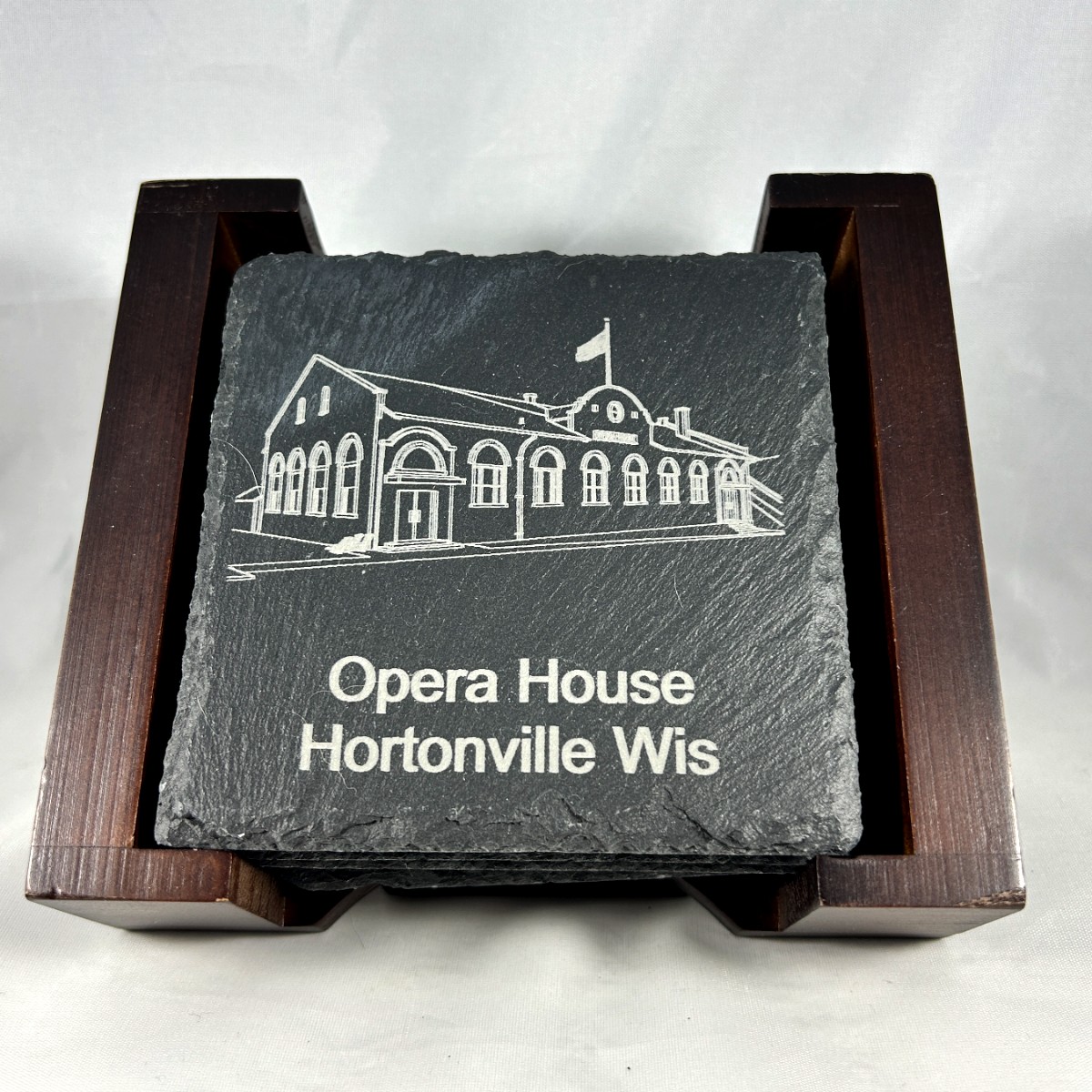 Solid Walnut Coaster Holder - custom laser-engraved by Yogerst Solutions, Fox Cities WI